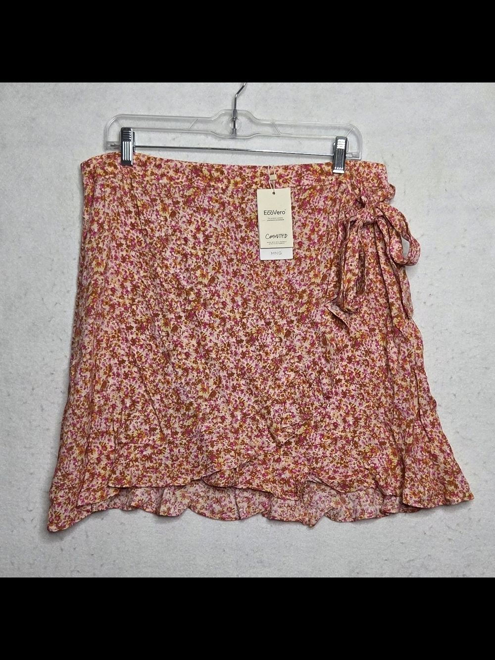 MNG Mango NWT Ditsy Floral Mini Wrap Skirt XL Tie Ruffle Boho Chic Pink Summer